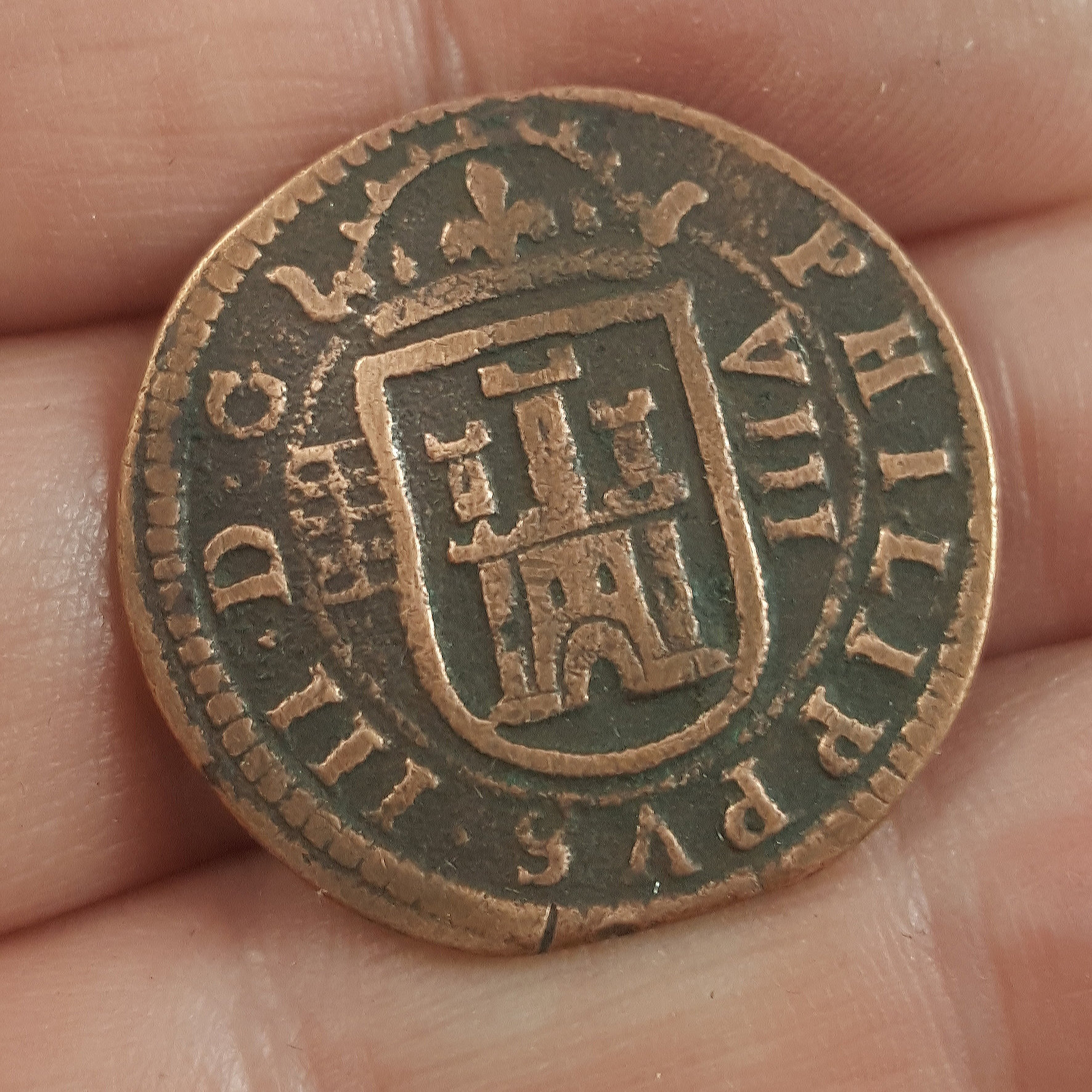 Spanish Treasure Coin. 1606 Spain Copper 8 Maravedis Coin. Philip