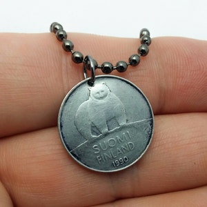 Finland Coin Necklace: Polar Bear Pendant, Stainless Steel Chain