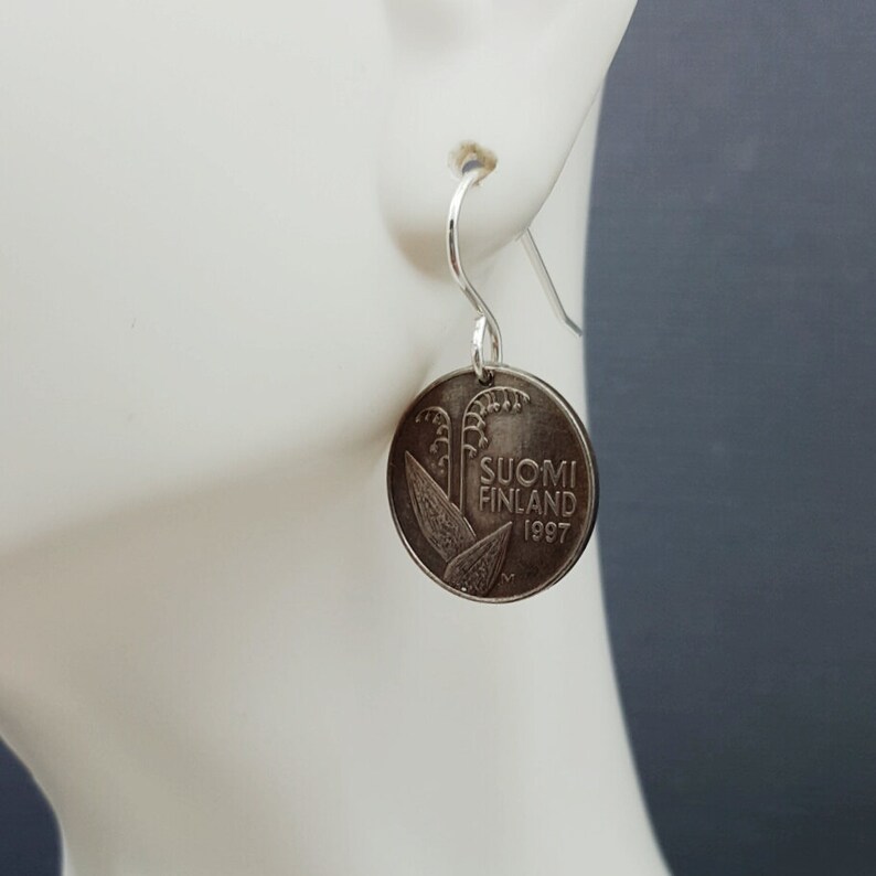 LILY of the VALLEY earrings. Finland coin earrings. Flower earrings. Lily earrings. Honeycomb earrings. May birth flower. Tiny coin earrings image 2