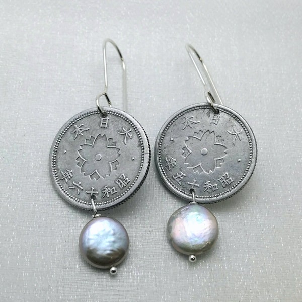 Coin Earrings - Antique Japanese 10 sen flower coin earrings - Japanese coin - coin jewelry - flower - Meiji period - garnet - coin pearls