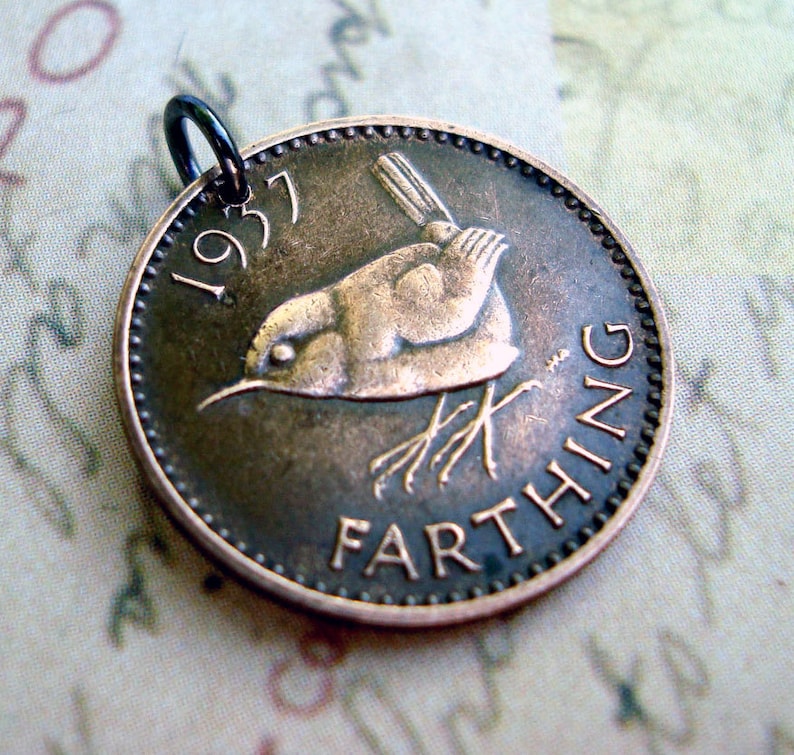 Bird Necklace. 1937 1956 WREN BIRD COIN necklace. Coin Jewelry. English. Jenny Wren. Christopher Wren. songbird necklace. Wren jewelry image 2