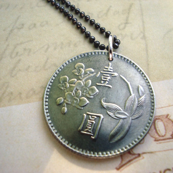 Coin Jewelry. Orchid necklace. Taiwan COIN necklace. Orchid flower necklace. kanji necklace. Florist gift. Botanist. Horticulturalist