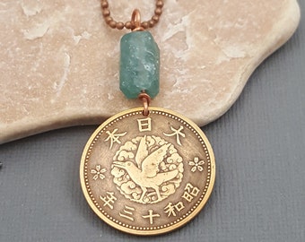 Coin Jewelry. Japanese COIN NECKLACE. Antique 1938 copper coin. Showa period. crow necklace. raw apatite. bird necklace. Japan jewelry