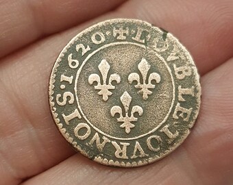 Louis XIII France coin. Antique 1620 France copper coin. Fleurs-de-lis. French Antique copper coin. Rare Louis XIII collectible coin