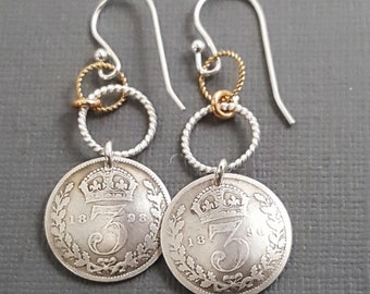 Antique silver COIN EARRINGS. three pence coins. Queen Victoria. sterling silver. 1890s coins with 14k goldfilled. Gifts for her.