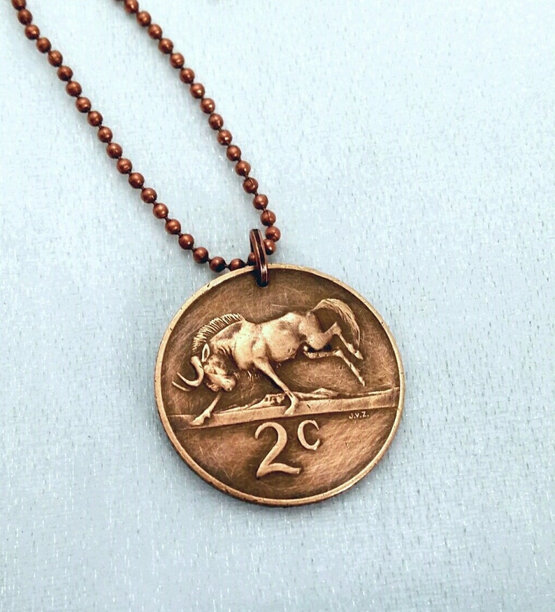 Coin necklace. Wildebeest coin necklace. South Africa necklace. ram necklace. mens necklace. boyfriend necklace. Aries necklace. antelope image 1