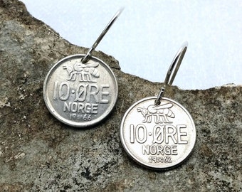 Honeybee Earrings - vintage Norwegian 10 ore coin earrings - tiny bee dangles - Norway - Scandinavian - Viking - monogram O V