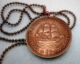 Ship necklace. Mens coin necklace. 1960 South Africa necklace. Mens jewelry. Coin jewelry. Coin keychain. Coin pendant. Mens gift.