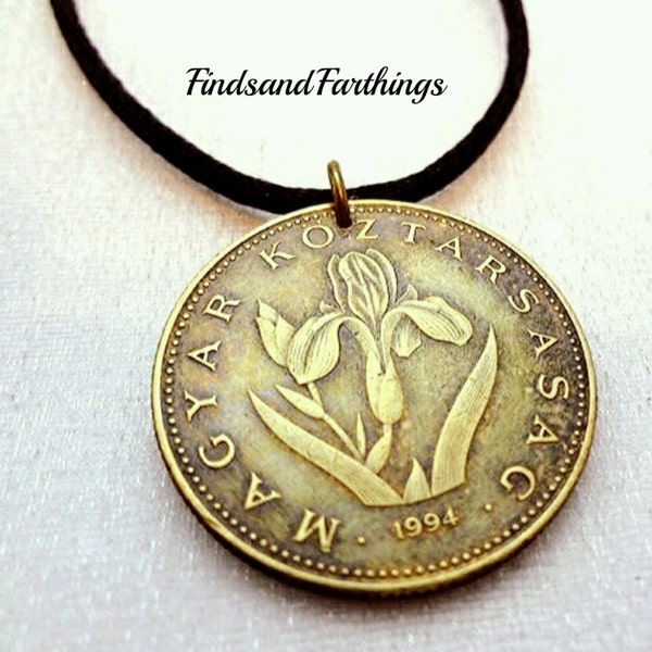 Coin Jewelry. IRIS COIN NECKLACE. flower pendant, Hungary, Iris pendant. February birth flower jewelry