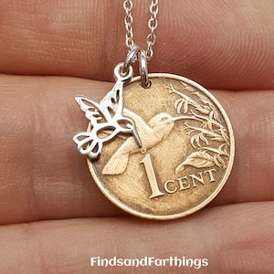 HUMMINGBIRD COIN necklace. Bird necklace. Trinidad copper coin. coin jewelry. hummingbird pendant. hummingbird jewelry. bird jewelry.