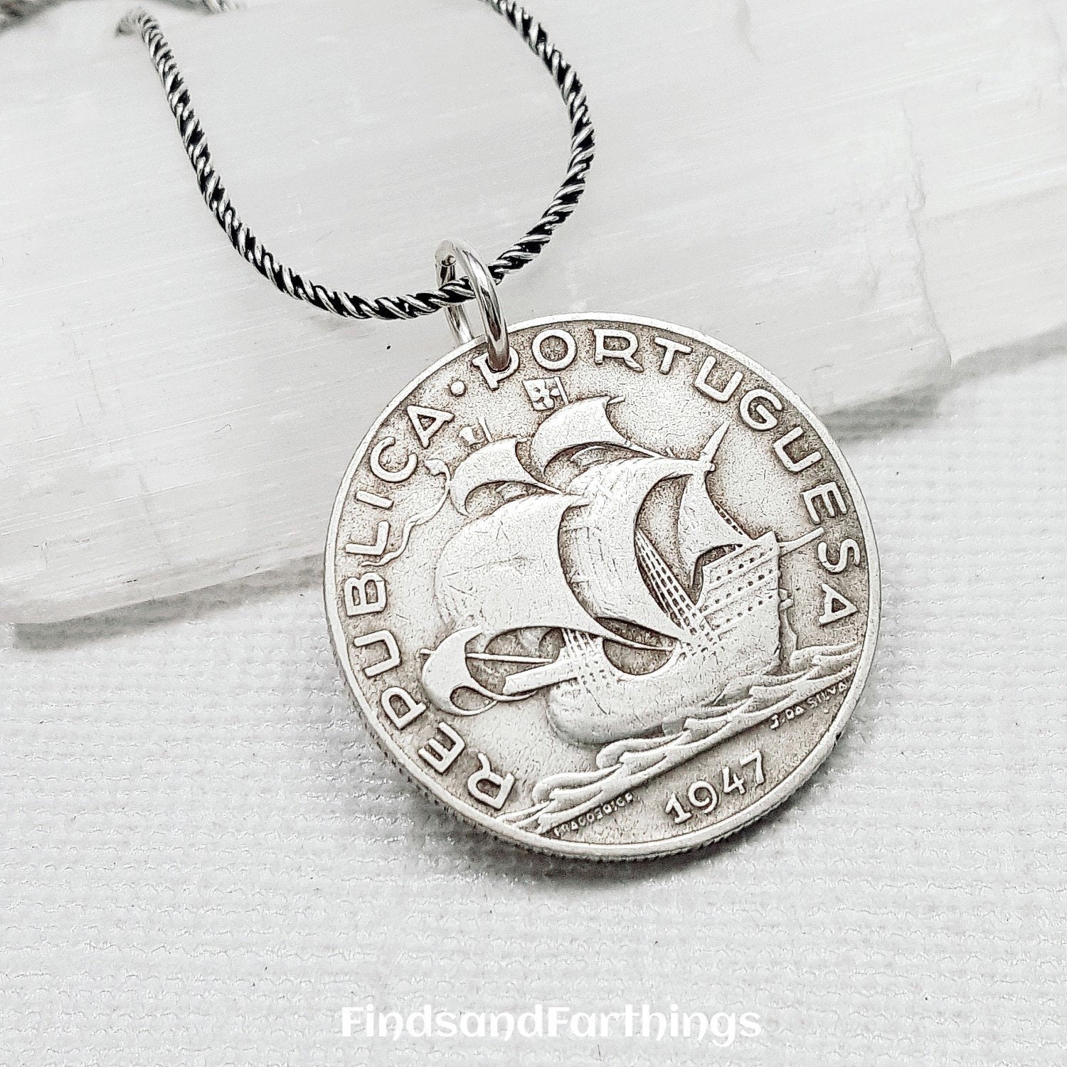 1940s Portugeusa Silver Sailing Coin Pendant on a 24" 925 Sterling Silver Chain 