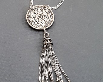 MOROCCO COIN NECKLACE. vintage 1953 Morocco silver coin pendant. Bohemian necklace. star necklace. Moroccan tassel necklace.