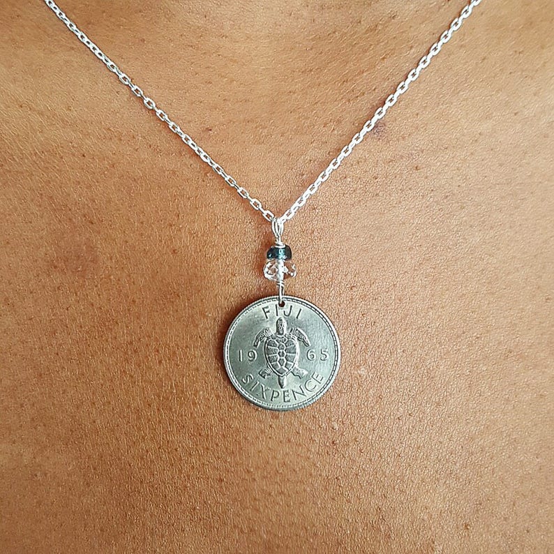 vintage sea TURTLE COIN NECKLACE from Fiji Turtle jewelry turtle necklace sea turtle Coin jewelry Topaz necklace