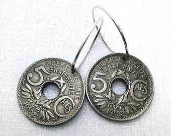 Republique Francaise Coin Earrings: Sterling Silver Art Nouveau Hoops