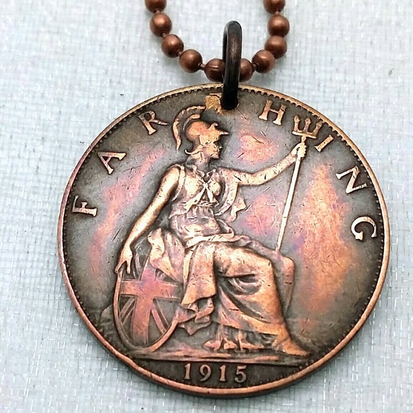 Antique England farthing coin necklace - Coin Jewelry - Brittania coin - Copper coin pendant - old English - King Edward VII -penny necklace