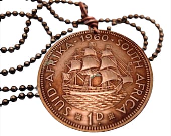 1960 South Africa Ship Coin Necklace - Vintage Copper Pendant