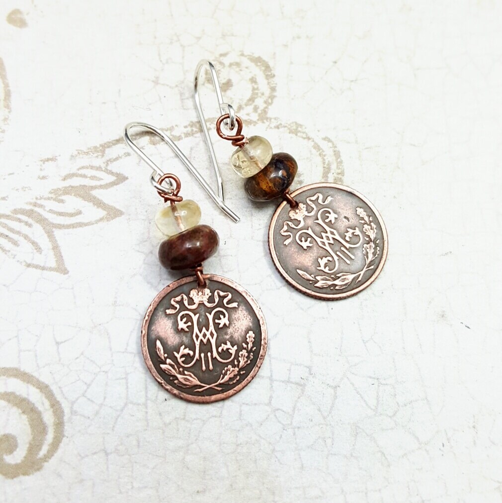 コインイヤリング。アンティークロシアコイン。ニコライ2世ロマノフ皇帝。モノグラムH。イニシャルN。銅製コインイヤリング。アンティークイヤリング。