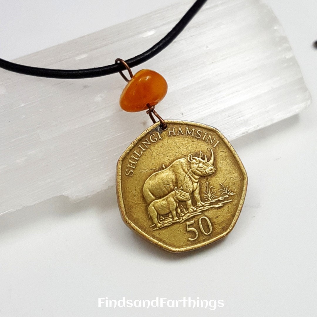 Rhinoceros Coin Necklace: Tanzania Shilingi, Amber Bead, Animal Jewelry 
