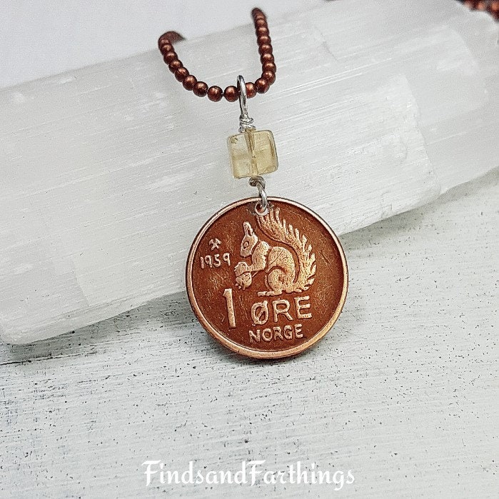 Vintage 1970 1971 SQUIRREL COIN from Norway. coin necklace. citrine p…