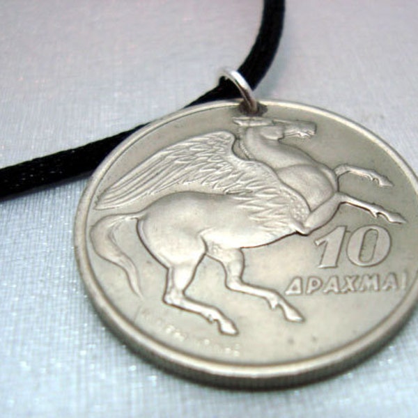 Pegasus necklace. Coin Jewelry. Vintage 1973 PEGASUS coin pendant. Greek coin. winged horse. PHOENIX rising. Mythology. rebirth gift.