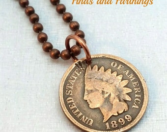 Antique Indian Head penny COIN necklace. American Shield. Liberty. USA history. mens jewelry. mens gift. Random year coin, read description.