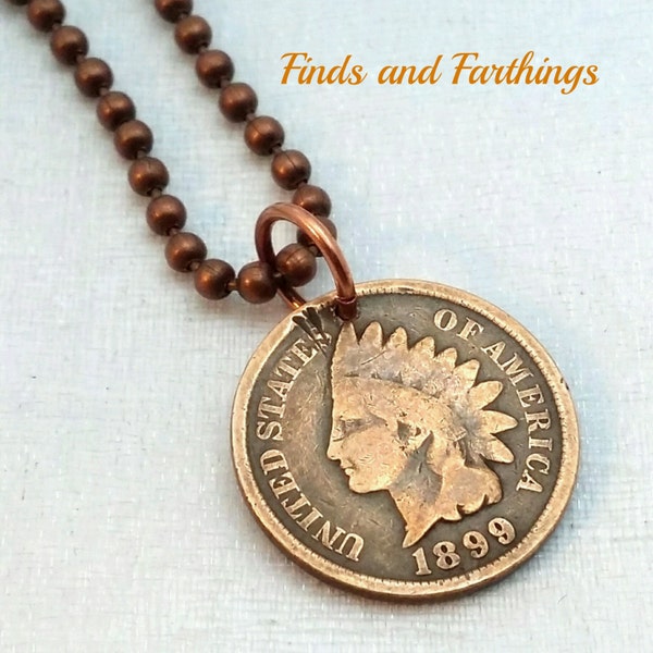 Antique Indian Head penny COIN necklace. American Shield. Liberty. USA history. mens jewelry. mens gift. Random year coin, read description.