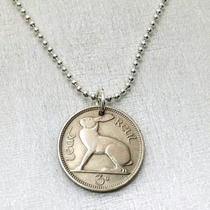 Vintage Irish Coin Necklace: Rabbit & Harp Pendant
