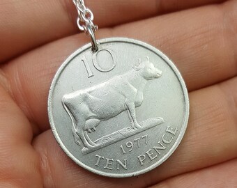 COW NECKLACE - vintage 1968 1982 Guernsey ten pence - birthday - Cow jewelry - cow pendant - farm jewelry - coin jewelry. farmer. dairy