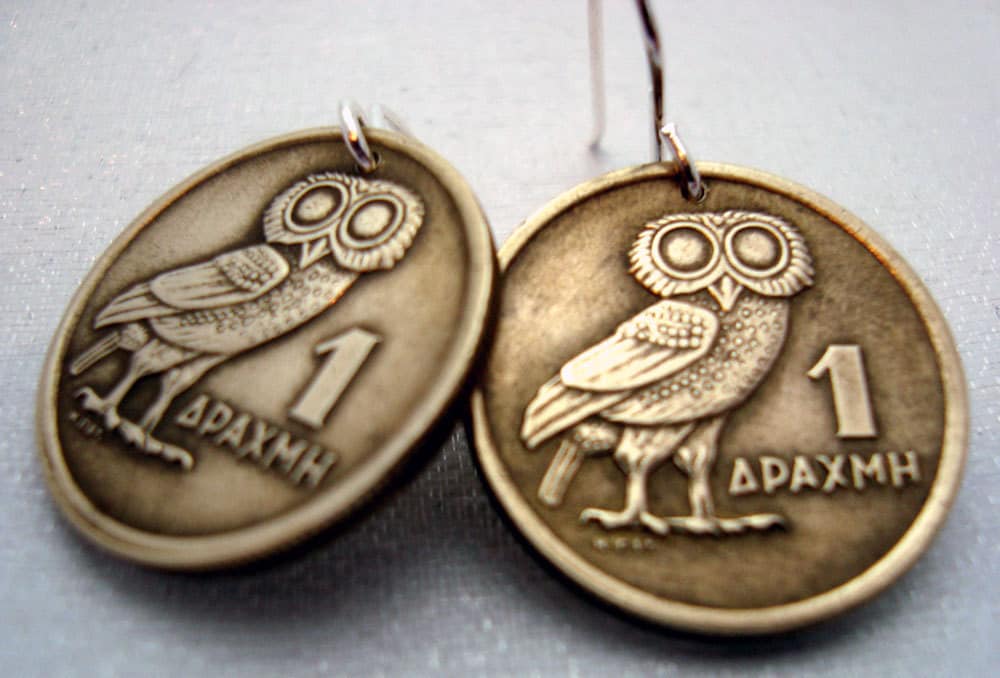 Owl of Athena Coin Earrings: 1973 Greek Vintage Coin Jewelry