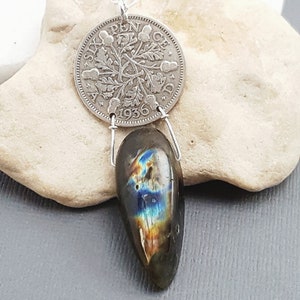 1936 Silver sixpence COIN NECKLACE. antique silver coin. labradorite necklace. wedding sixpence. oak leaves, acorns. one of a kind