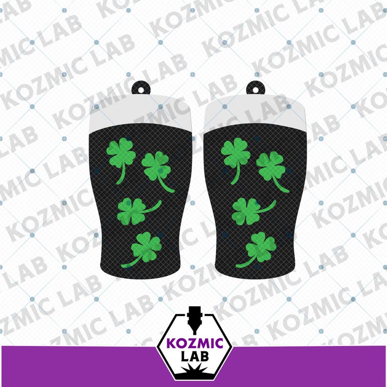 May include: Two black and white St. Patrick's Day themed earrings with a shamrock design. The earrings have a black base with green shamrocks and a white top. The text "KOZMIC LAB" is visible in the image.