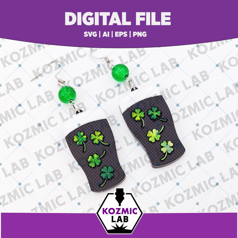 May include: St. Patrick's Day-themed earrings featuring a pint of stout design with green shamrocks. The earrings have green bead accents and silver-tone hooks. The image also includes the text "DIGITAL FILE".