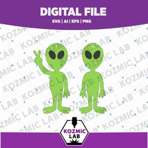 Può includere: File digitale con due ritagli di alieni verdi. Un alieno fa il segno della pace. Gli alieni hanno grandi occhi ovali neri. Il testo "DIGITAL FILE" è in alto, con le abbreviazioni dei tipi di file sottostanti. Il logo Kozmic Lab è in basso.
