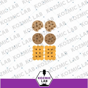 Puede incluir: Ilustración de cuatro galletas con chispas de chocolate, dos con mordiscos, y cuatro galletas cuadradas. Las galletas son marrones con chispas de chocolate, y las galletas son amarillas. Fondo blanco, banner morado y texto "KOZMIC LAB".