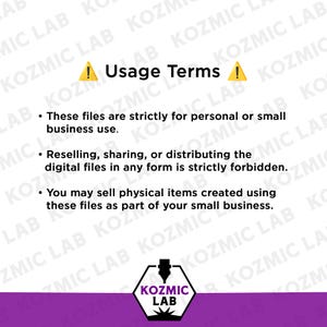 May include: Image with the text "Usage Terms" and a warning symbol. The text states that files are for personal or small business use only, and reselling or sharing digital files is forbidden. Physical items can be sold.