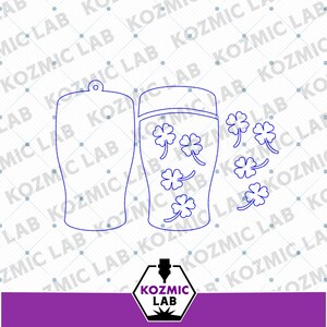May include: Blue outline of a beer glass with shamrock designs, and a separate shamrock design. The image also includes a blue outline of a beer glass with a hole at the top. The image has the text "KOZMIC LAB".