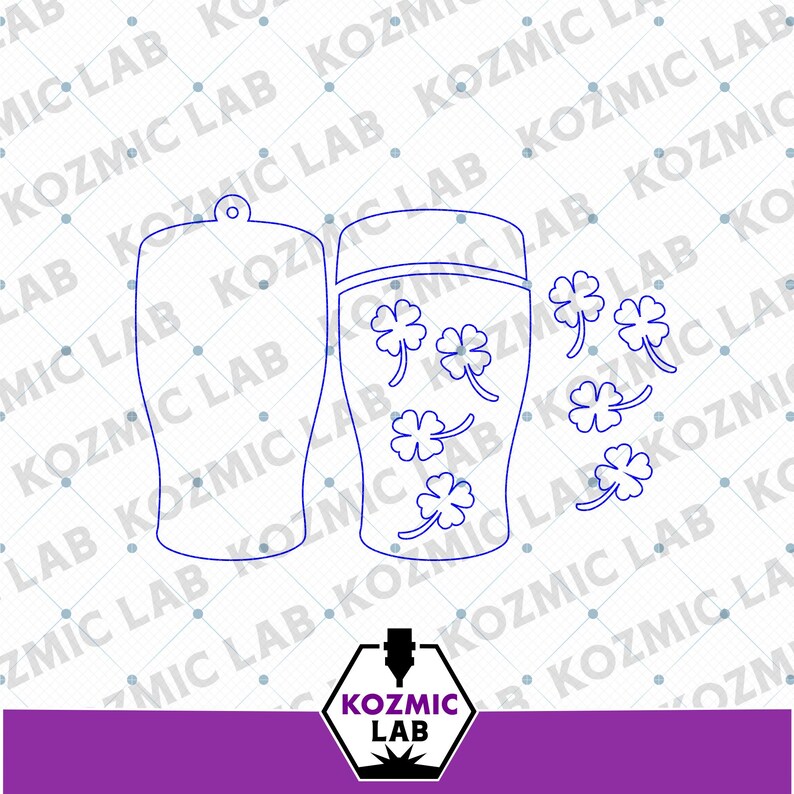 May include: Blue outline of a beer glass with shamrock designs, and a separate shamrock design. The image also includes a blue outline of a beer glass with a hole at the top. The image has the text "KOZMIC LAB".