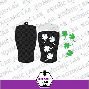 May include: Black beer glass silhouette with white shamrocks and a green shamrock cluster. A matching silhouette is on the left. The image includes the text "KOZMIC LAB" and a logo.
