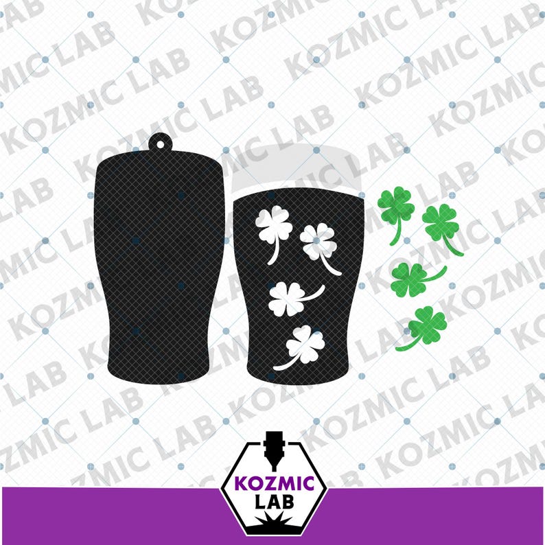 May include: Black beer glass silhouette with white shamrocks and a green shamrock cluster. A matching silhouette is on the left. The image includes the text "KOZMIC LAB" and a logo.