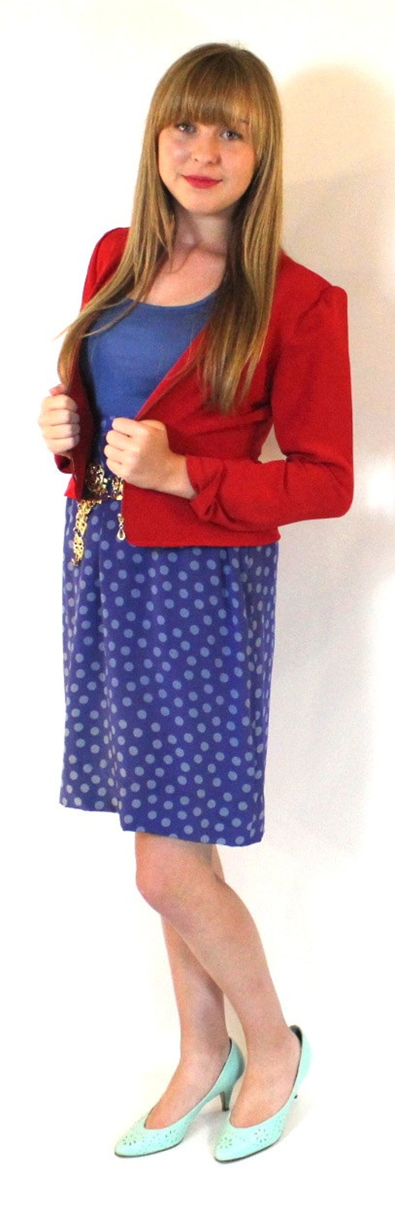 Vintage Silk HIGH WAIST SKIRT Blue Polka Dot Violet Purple Pencil Wiggle Waisted Mini Mad Men Geometric Retro Mod Dolly Secretary Medium 60s