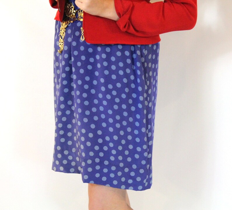 Vintage Silk HIGH WAIST SKIRT Blue Polka Dot Violet Purple Pencil Wiggle Waisted Mini Mad Men Geometric Retro Mod Dolly Secretary Medium 60s