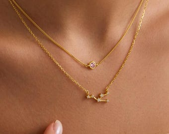 Personalisierte Sternzeichen Halskette mit Geburtsstein, Birthstone Astrologie Halskette, Pisces Widder Taurus Geschenk Schmuck, himmlisches Geschenk für Frauen