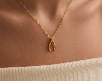 Gold Plated Dainty Wishbone Pendant Necklace, Custom Lucky Jewelry, Minimalist Jewelry, Everyday Necklace, Gift for her, Christmas Gift