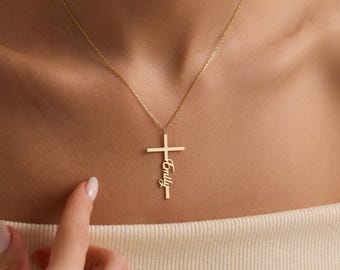 Personalized Gold Cross Necklace with Name , Name Jewelry for Women , Christian Gift , Baptism Gift  , Custom Jewelry , Christmas gift
