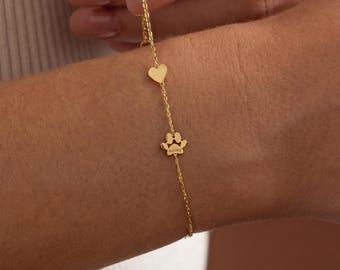 Goldherz mit seitlichem Pfotenabdruck, personalisierter Pfoten-Herzschmuck, Haustier-Gedenkarmband, Haustierpfotenarmband, Hunde- oder Katzenpfotenabdruck Geschenk