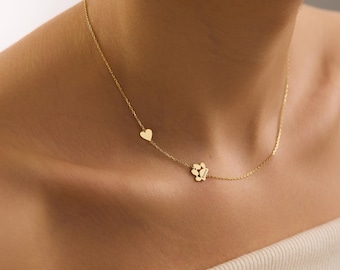 Gold Herz mit seitlich Pfotenhalskette, personalisierter Pfoten-Herzschmuck, Haustier-Memorial-Halskette, Haustier-Pfoten-Halskette, Geburtstagsgeschenk