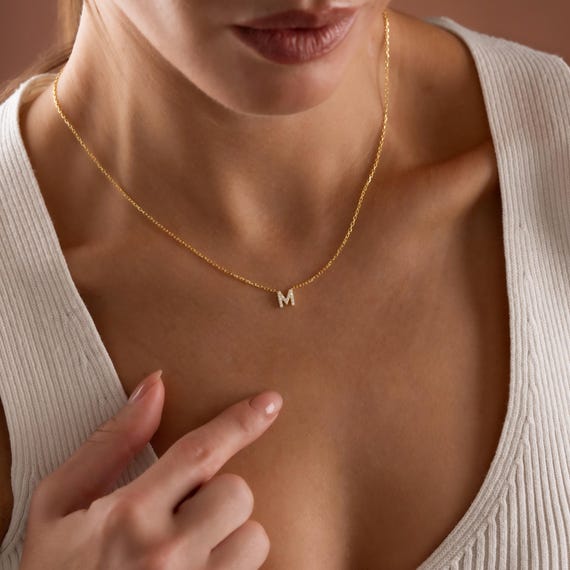 Gold Diamond Pave Initial Necklace, Custom Letter Jewelry, Minimalist Necklace, Gift for Her, Christmas Gift, Dainty Necklace