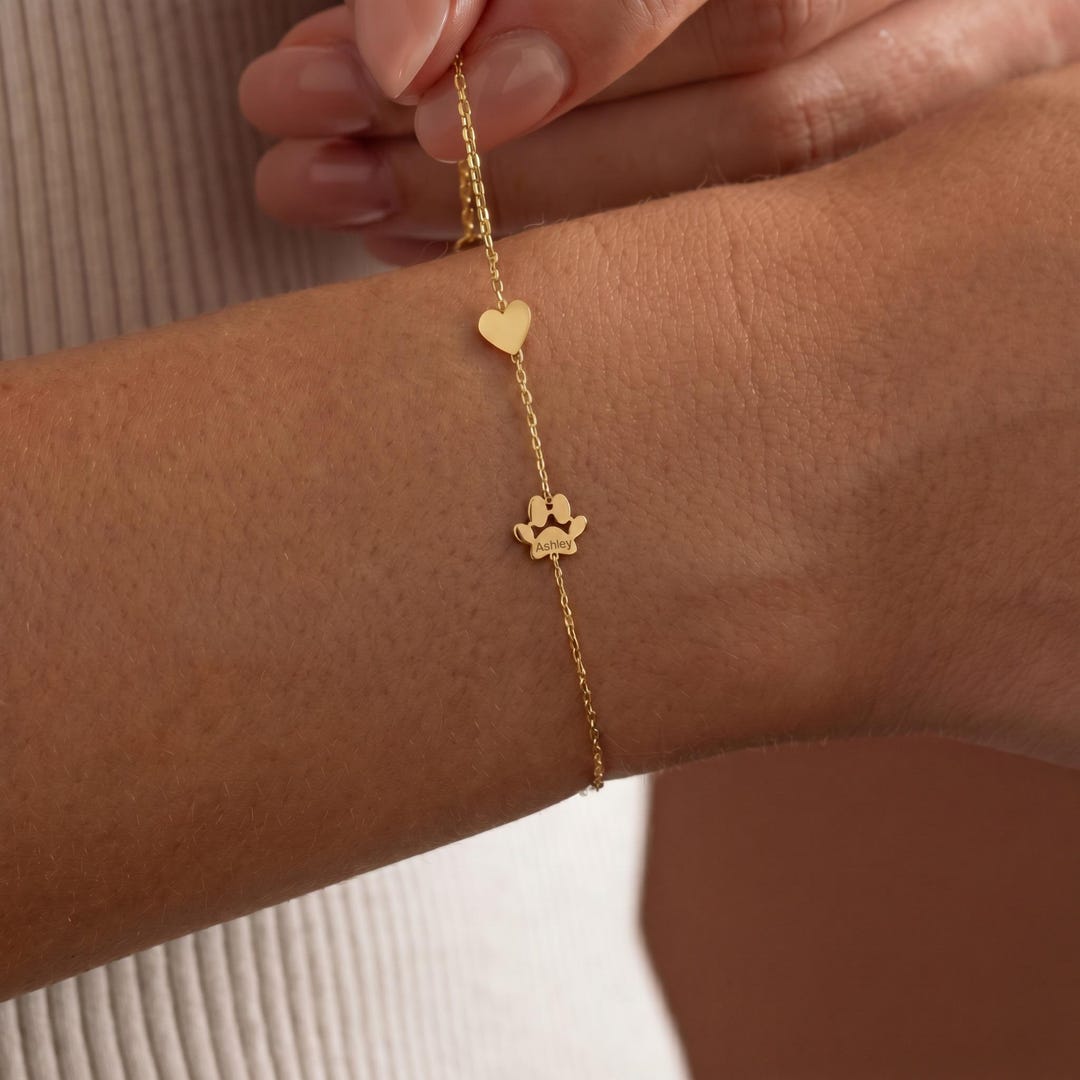 Gold Heart with Sideways Paw Bracelet, Personalized Paw Heart Jewelry, Pet Memorial Bracel
