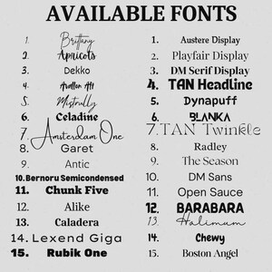 Pu&ograve; includere: Un elenco di caratteri disponibili visualizzati su uno sfondo grigio chiaro. Il testo "AVAILABLE FONTS" &egrave; in alto. Ogni carattere &egrave; numerato e visualizzato con il suo nome, mostrando una variet&agrave; di stili, tra cui caratteri serif, sans-serif e script.