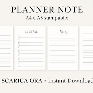 Può includere: Quattro pagine di note del planner stampabili con il testo "Idee", "To do list" e "Notes". Le pagine sono bianche con linee e testo neri. La parte superiore dell'immagine recita "PLANNER NOTE" e "A4 e A5 stampabile". La parte inferiore dell'immagine recita "SCARICA ORA • Instant Download".
